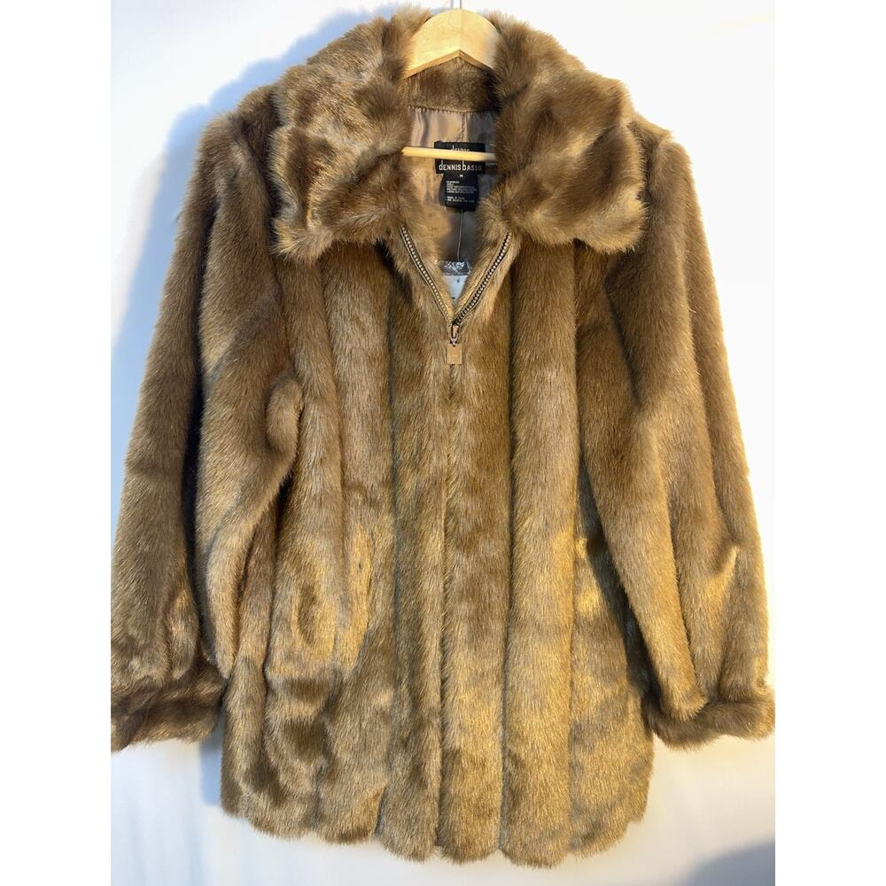 Dennis Basso Faux Fur Coat Brown Zip Front Women’s M Luxe Old Money Glam NWT
